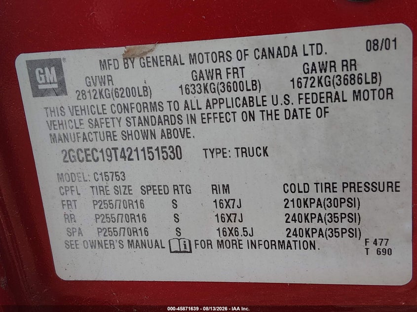 2002 CHEVROLET SILVERADO PICKUP 5.3L V-8 285HP
