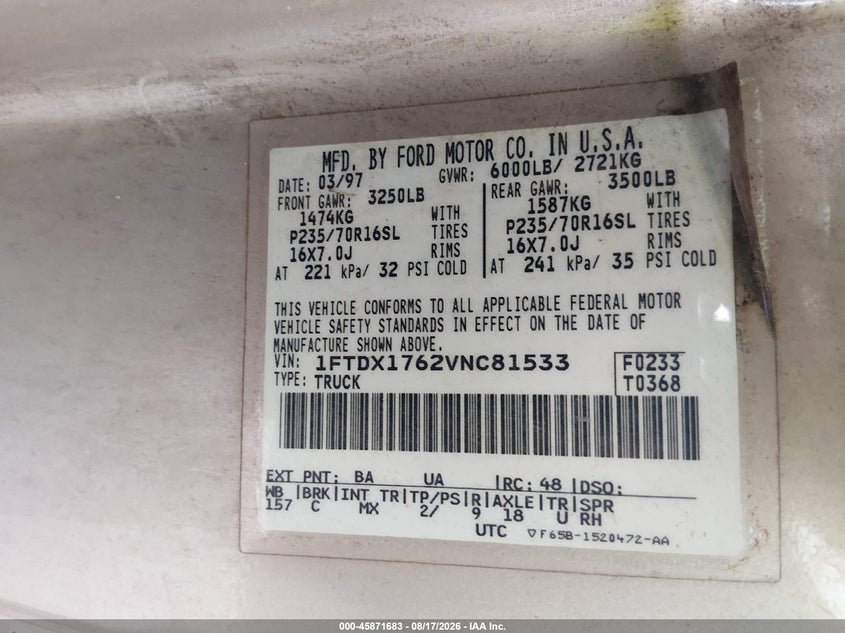 FORD F-150 STANDARD 1997 VIN 1FTDX1762VNC81533