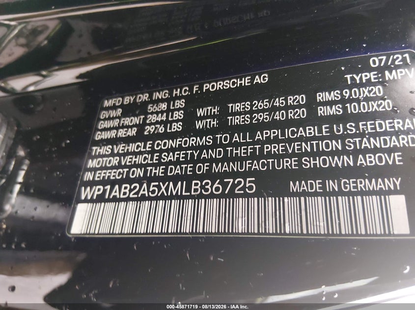 PORSCHE MACAN 2021 VIN WP1AB2A5XMLB36725