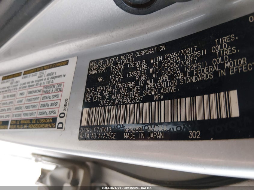 TOYOTA 4RUNNER 2013 VIN JTEZU5JR7D5062327