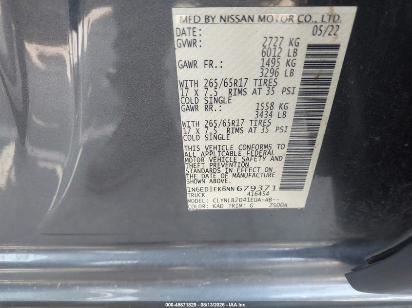 NISSAN FRONTIER 2022 VIN 1N6ED1EK6NN679371