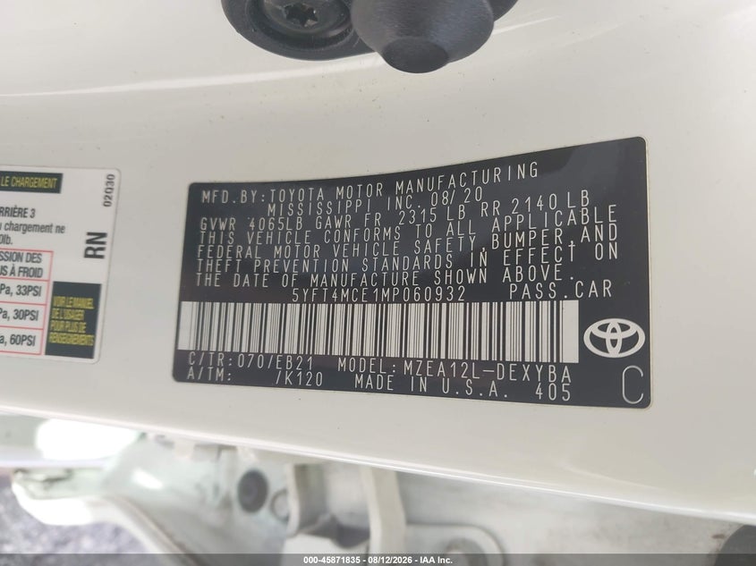 2021 TOYOTA COROLLA SEDAN 2.0L I-4 DI, DOHC, VVT, 169HP