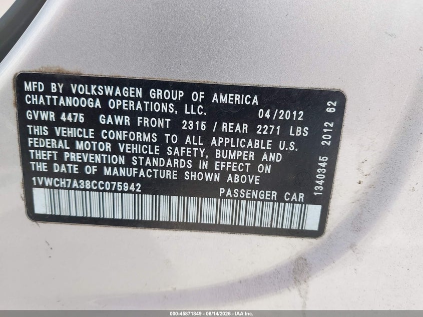 VOLKSWAGEN PASSAT 2012 VIN 1VWCH7A38CC075942