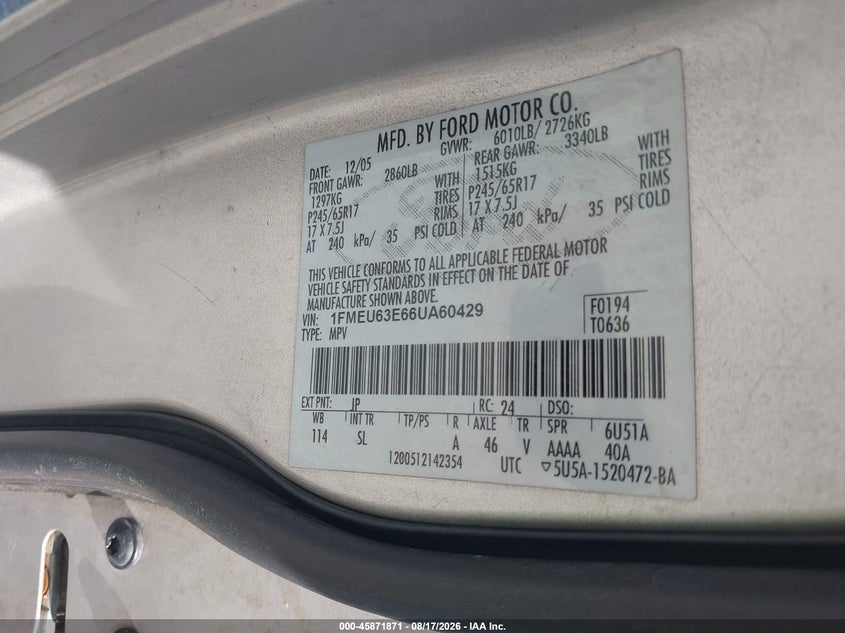 FORD EXPLORER 2006 VIN 1FMEU63E66UA60429