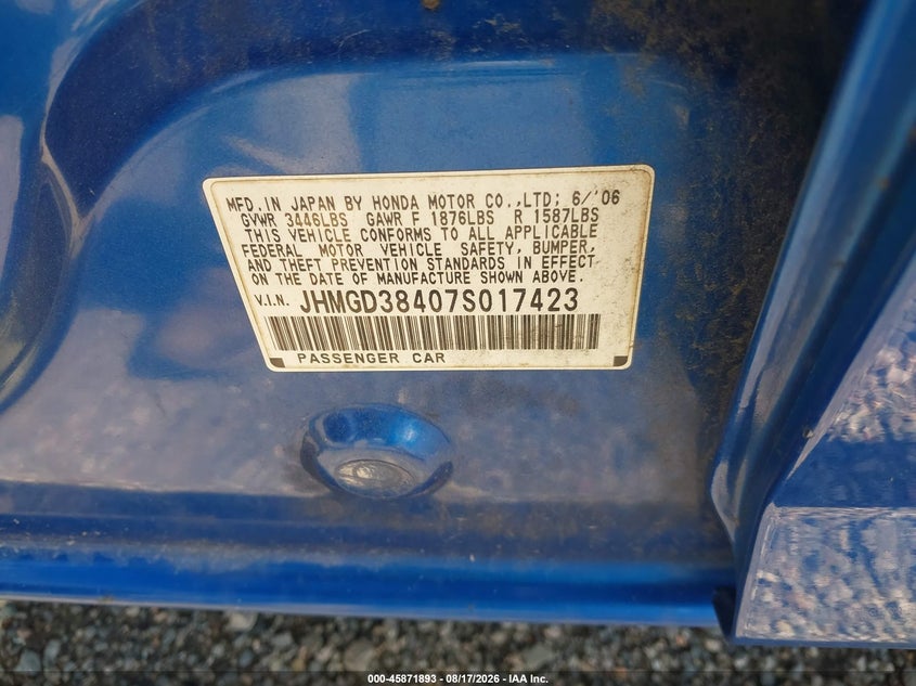 HONDA FIT 2007 VIN JHMGD38407S017423