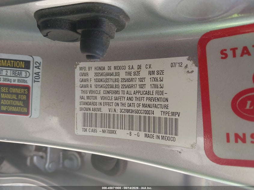 2012 HONDA CR-V SPORT UTILITY VEHICLE 2.4L I-4 DOHC, VVT, 185HP