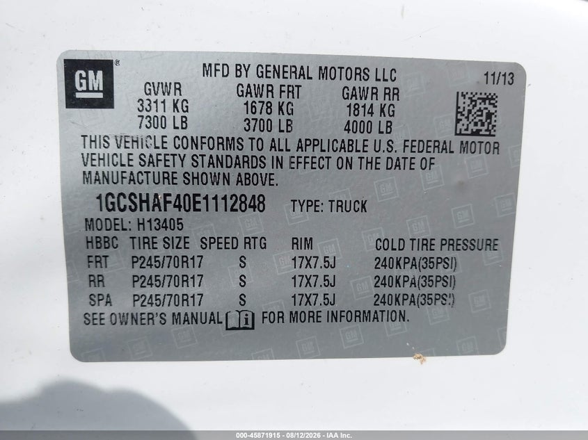 CHEVROLET EXPRESS 1500 2014 VIN 1GCSHAF40E1112848