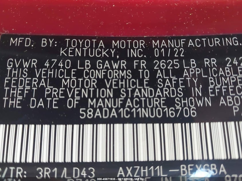 LEXUS ES 300H 2022 VIN 58ADA1C11NU016706