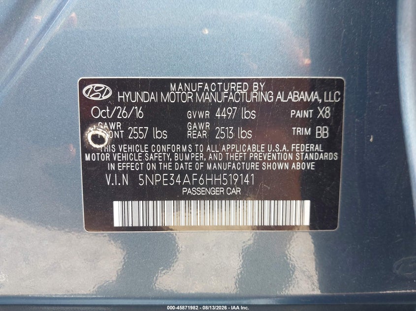 2017 HYUNDAI SONATA SEDAN 2.4L I-4 DI, DOHC, VVT, 185HP