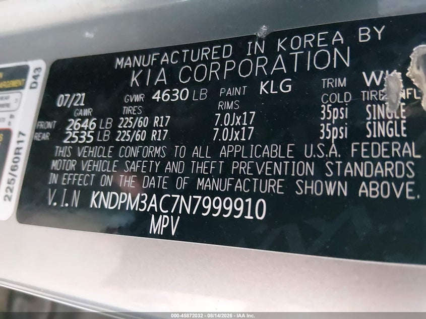 KIA SPORTAGE 2022 VIN KNDPM3AC7N7999910
