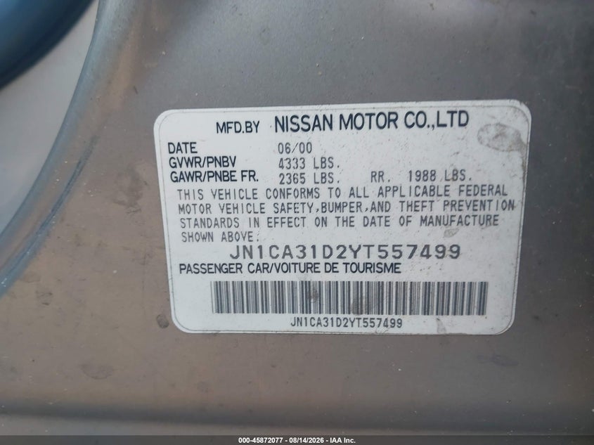 2000 NISSAN MAXIMA SEDAN 3.0L V-6 DOHC, 222HP