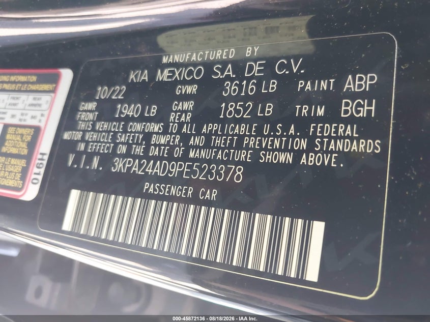 KIA RIO 2023 VIN 3KPA24AD9PE523378
