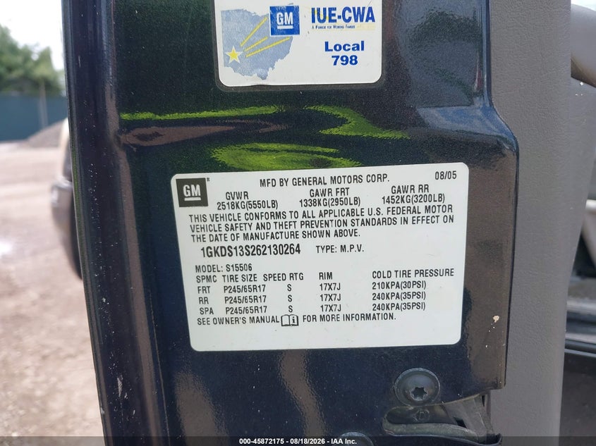 GMC ENVOY 2006 VIN 1GKDS13S262130264