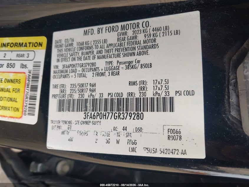 FORD FUSION 2016 VIN 3FA6P0H77GR379280