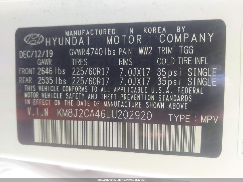 HYUNDAI TUCSON 2020 VIN KM8J2CA46LU202920