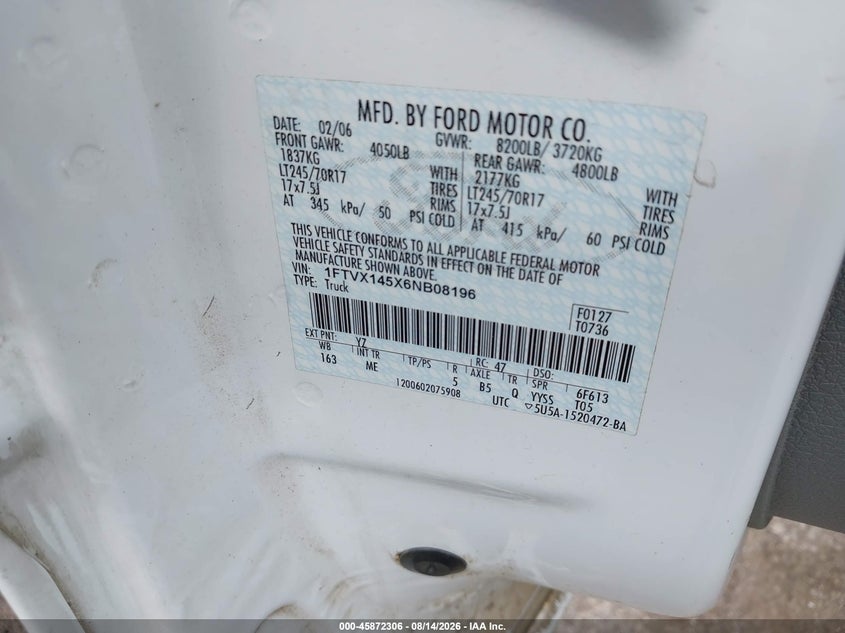 FORD F-150 2006 VIN 1FTVX145X6NB08196