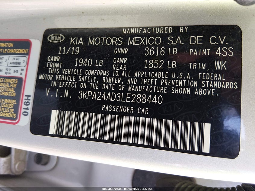 KIA RIO 2020 VIN 3KPA24AD3LE288440