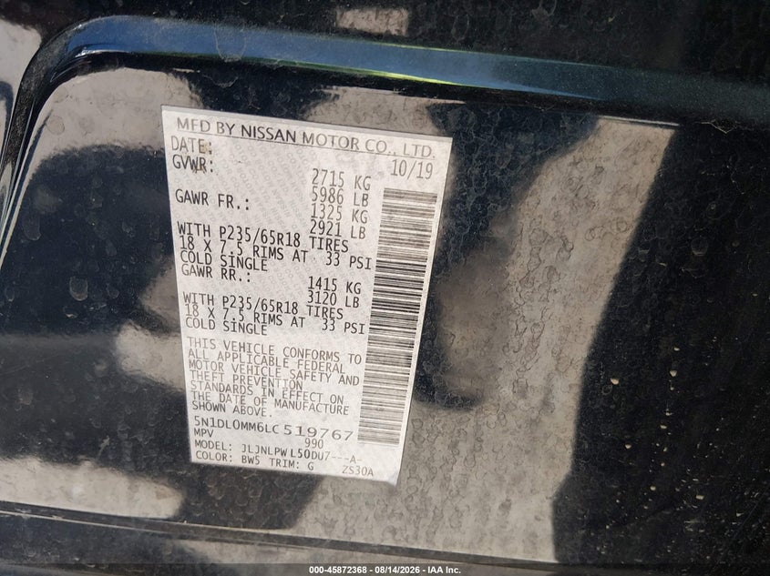 INFINITI QX60 2020 VIN 5N1DL0MM6LC519767