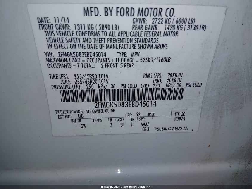 FORD FLEX 2014 VIN 2FMGK5D83EBD45014