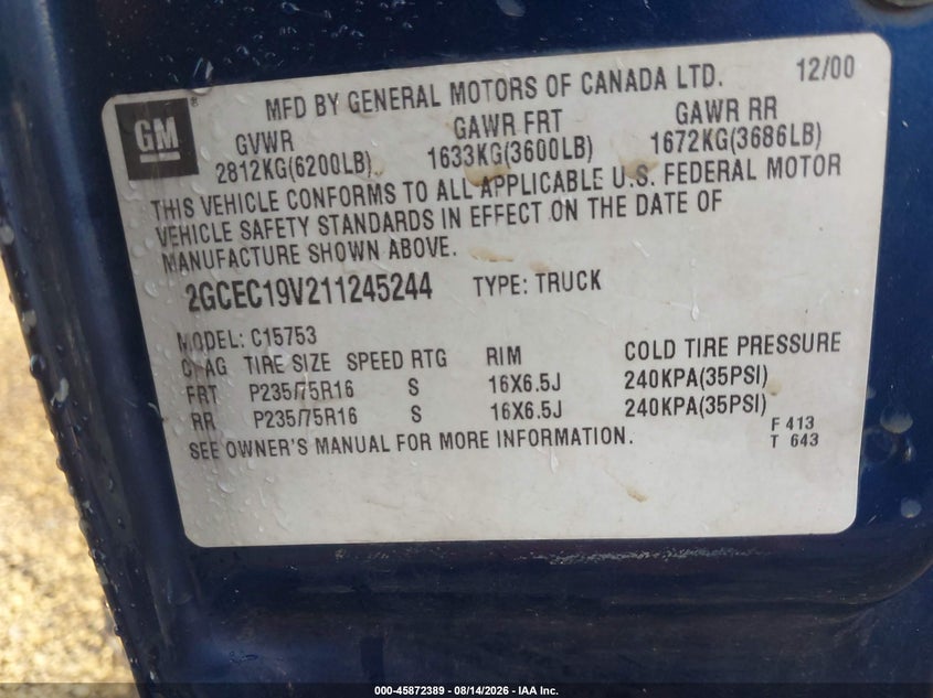 2001 CHEVROLET SILVERADO PICKUP 4.8L V-8 270HP