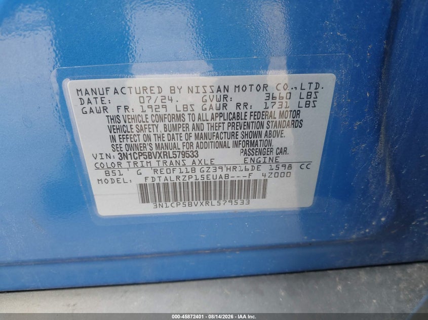 NISSAN KICKS 2024 VIN 3N1CP5BVXRL579533
