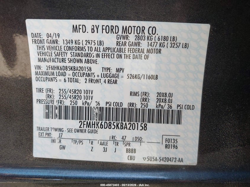 2019 FORD FLEX SPORT UTILITY VEHICLE 3.5L V-6 DOHC, VVT, 287HP