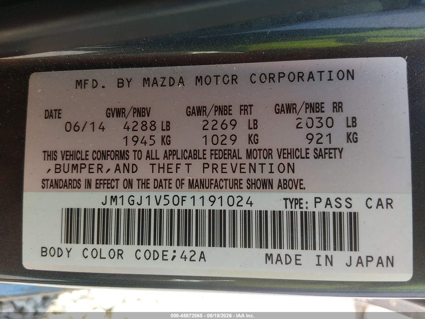 MAZDA MAZDA6 2015 VIN JM1GJ1V50F1191024