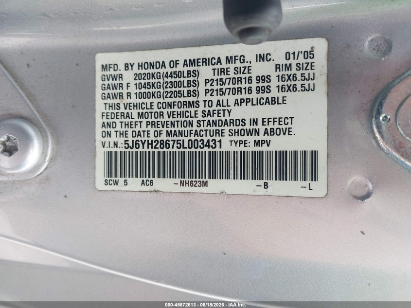 HONDA ELEMENT 2005 VIN 5J6YH28675L003431