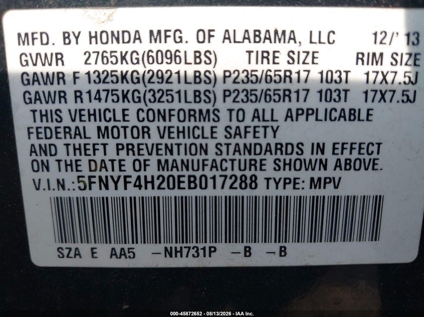 2014 HONDA PILOT SPORT UTILITY VEHICLE 3.5L V-6 VVT, 250HP