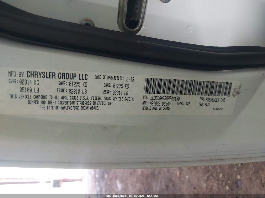 CHRYSLER 300 2013 VIN 2C3CCAAG6DH743130