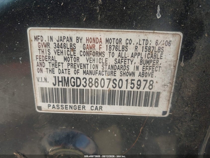 HONDA FIT 2007 VIN JHMGD38607S015978