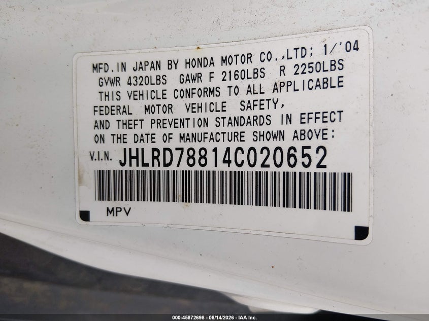 2004 HONDA CR-V SPORT UTILITY VEHICLE 2.4L I-4 DOHC, VVT, 160HP