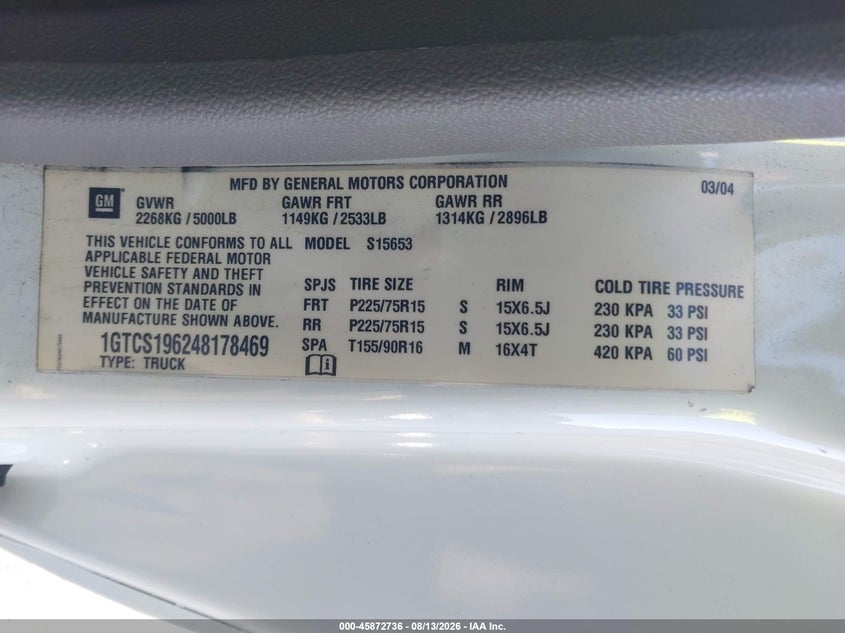 2004 GMC CANYON PICKUP 3.5L I-5 DOHC, VVT, 220HP