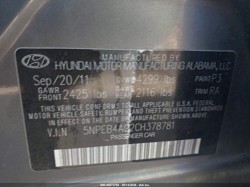 HYUNDAI SONATA 2012 VIN 5NPEB4AC2CH378781
