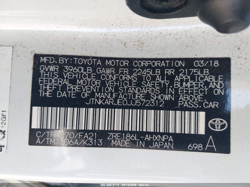 TOYOTA COROLLA IM 2018 VIN JTNKARJE0JJ572312