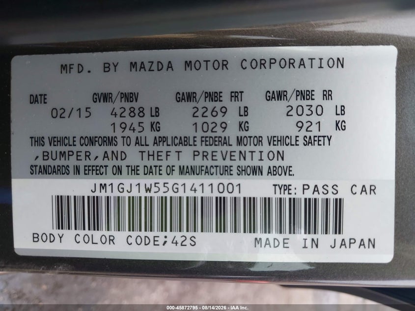 MAZDA MAZDA6 2016 VIN JM1GJ1W55G1411001