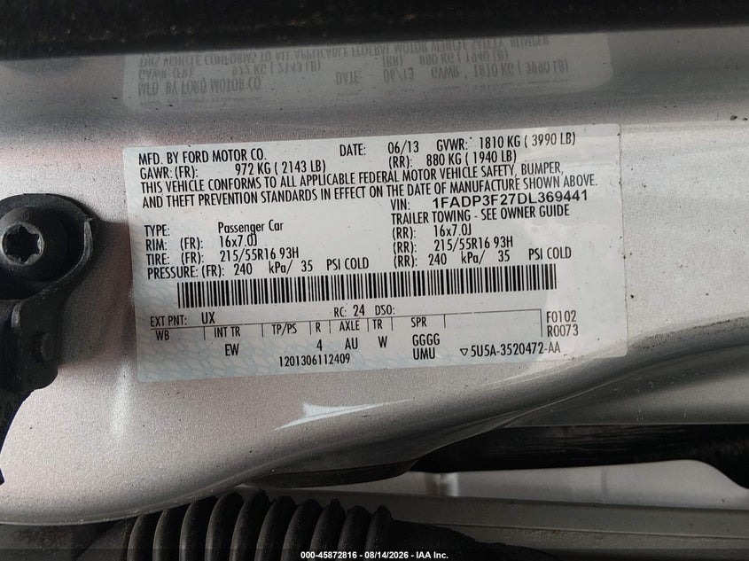 FORD FOCUS 2013 VIN 1FADP3F27DL369441