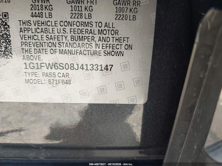 CHEVROLET BOLT EV 2018 VIN 1G1FW6S08J4133147