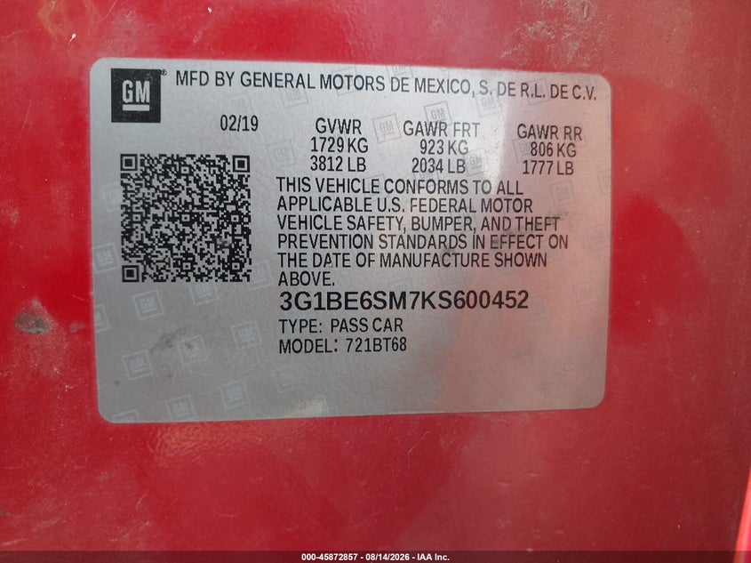 CHEVROLET CRUZE 2019 VIN 3G1BE6SM7KS600452