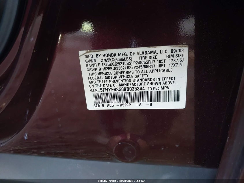 HONDA PILOT 2009 VIN 5FNYF48589B035344