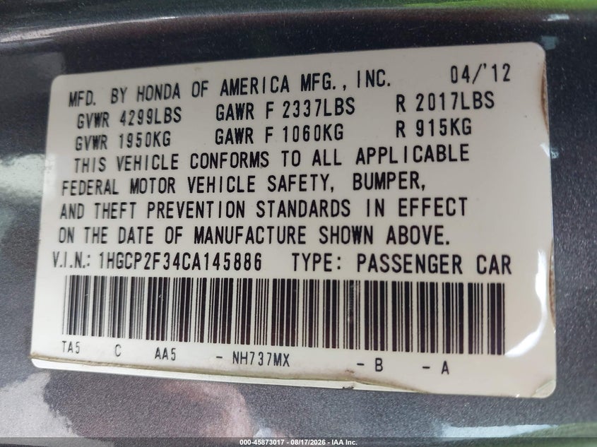 2012 HONDA ACCORD SEDAN 2.4L I-4 DOHC, VVT, 177HP