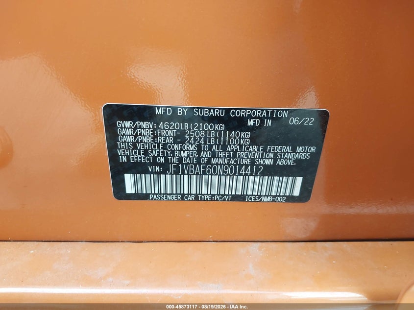 SUBARU WRX 2022 VIN JF1VBAF60N9014412