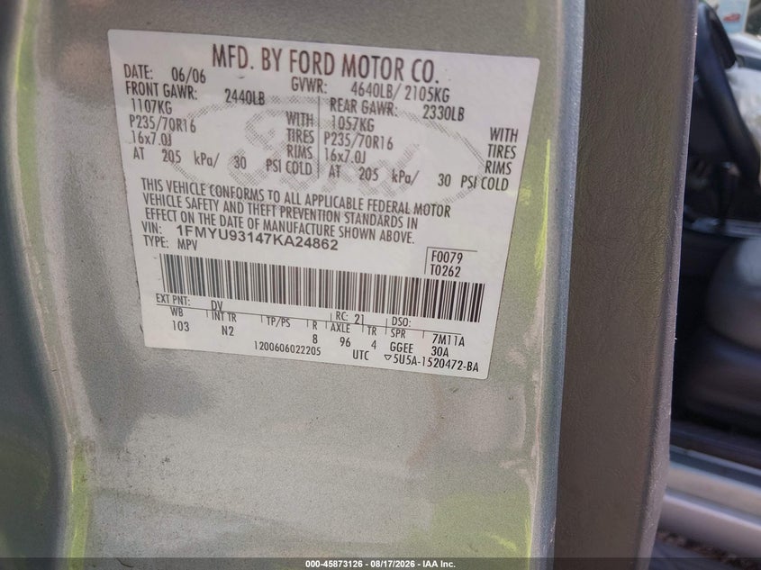 FORD ESCAPE 2007 VIN 1FMYU93147KA24862