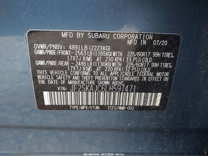 SUBARU FORESTER 2020 VIN JF2SKAJC6LH597471