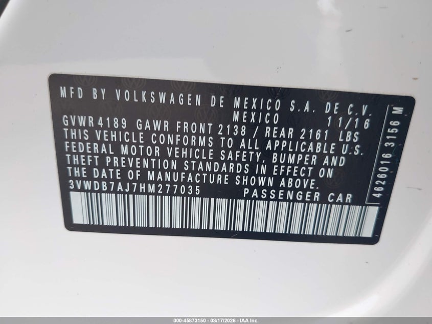 2017 VOLKSWAGEN JETTA SEDAN 1.4L I-4 DI, DOHC, VVT, TURBO, 150HP