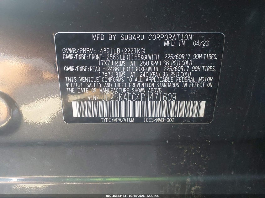 SUBARU FORESTER 2023 VIN JF2SKAEC4PH471609