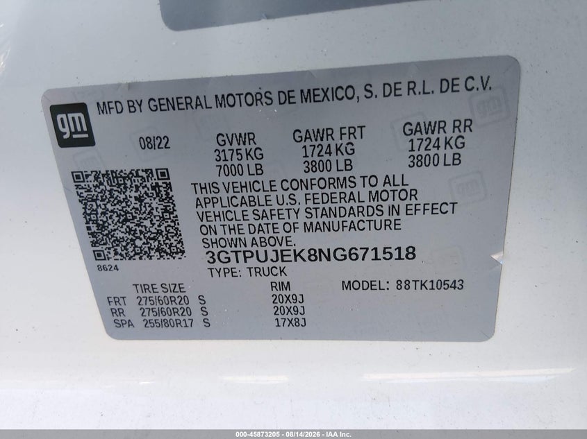 GMC SIERRA 1500 2022 VIN 3GTPUJEK8NG671518