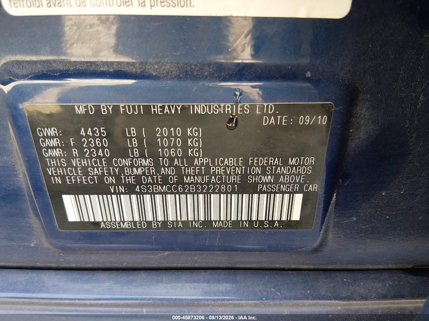 2011 SUBARU LEGACY SEDAN 2.5L H-4 VVT, 170HP