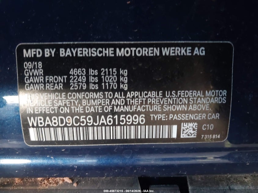 BMW 330I 2018 VIN WBA8D9C59JA615996