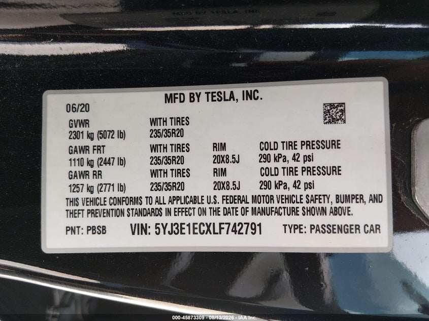 TESLA MODEL 3 2020 VIN 5YJ3E1ECXLF742791
